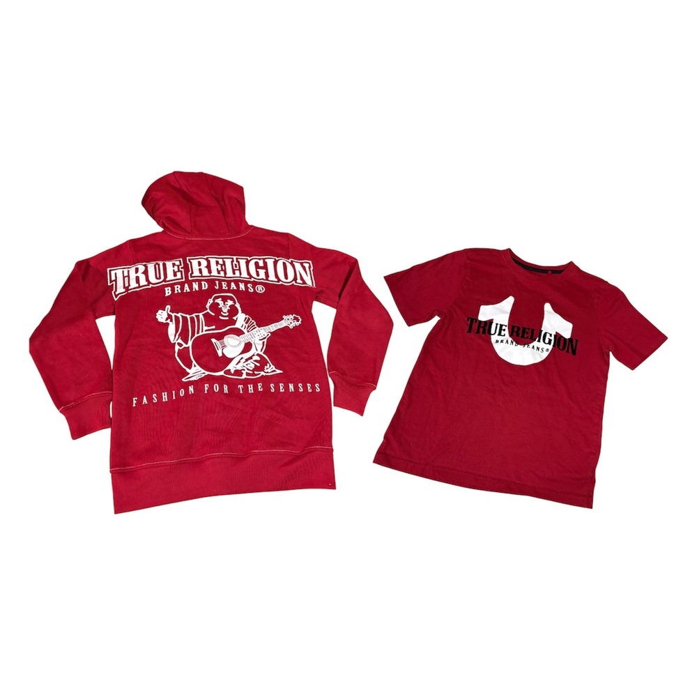 True Religion Hoodie T-Shirt Set Kids M 10/12 Red Buddha Graphic 2pc